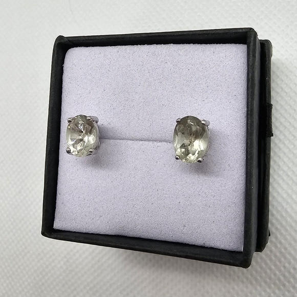 Green Amethyst Genuine Oval Stud Earrings Sterling Silver 2 CT TW Prasiolite NEW - Picture 1 of 9
